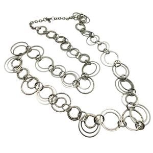 JLO Long Silver Tone Loop Necklace Boho Circle Ring Round Link Flapper Chain Y2K